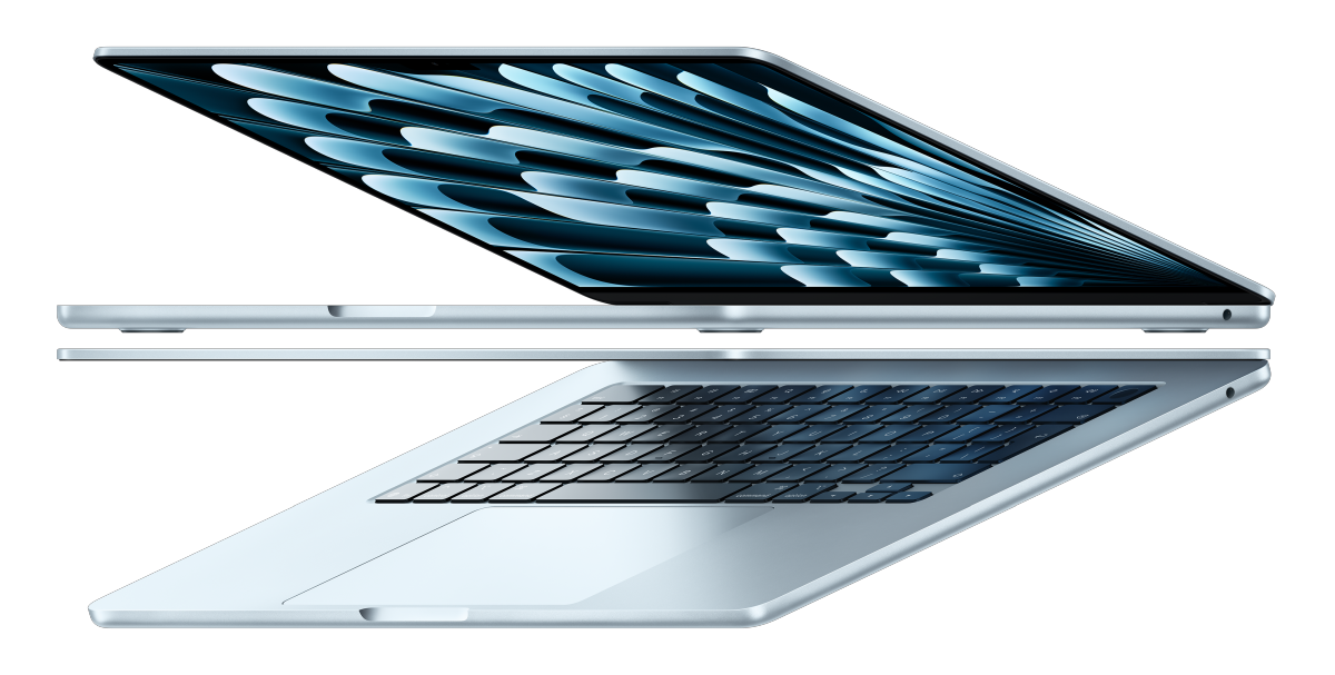 MacBook Air floating in a sky blue finish